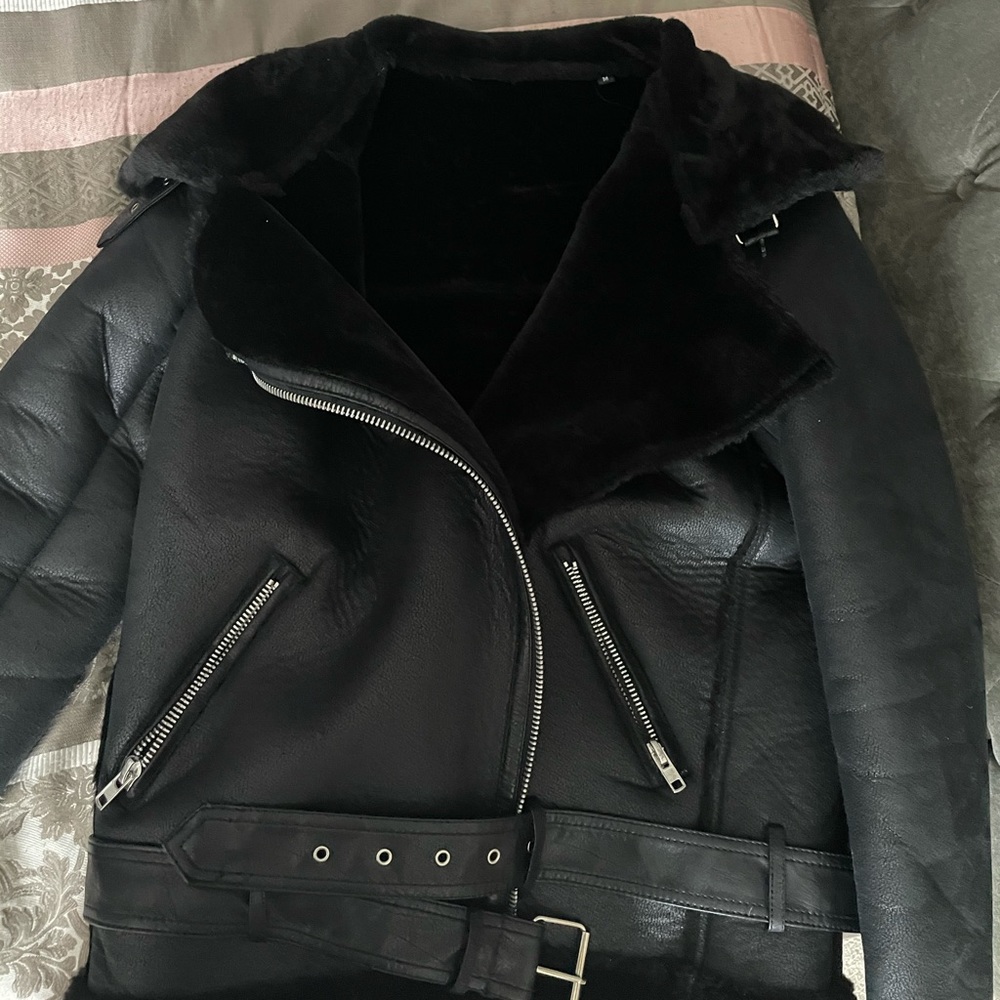 Black faux leather aviator coat